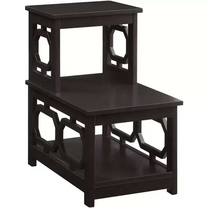 Mesa auxiliar de dos niveles HomeStock Belmont con estructura en forma de L y paneles laterales octagonales, mesa auxiliar decorativa de tres niveles para sala de estar