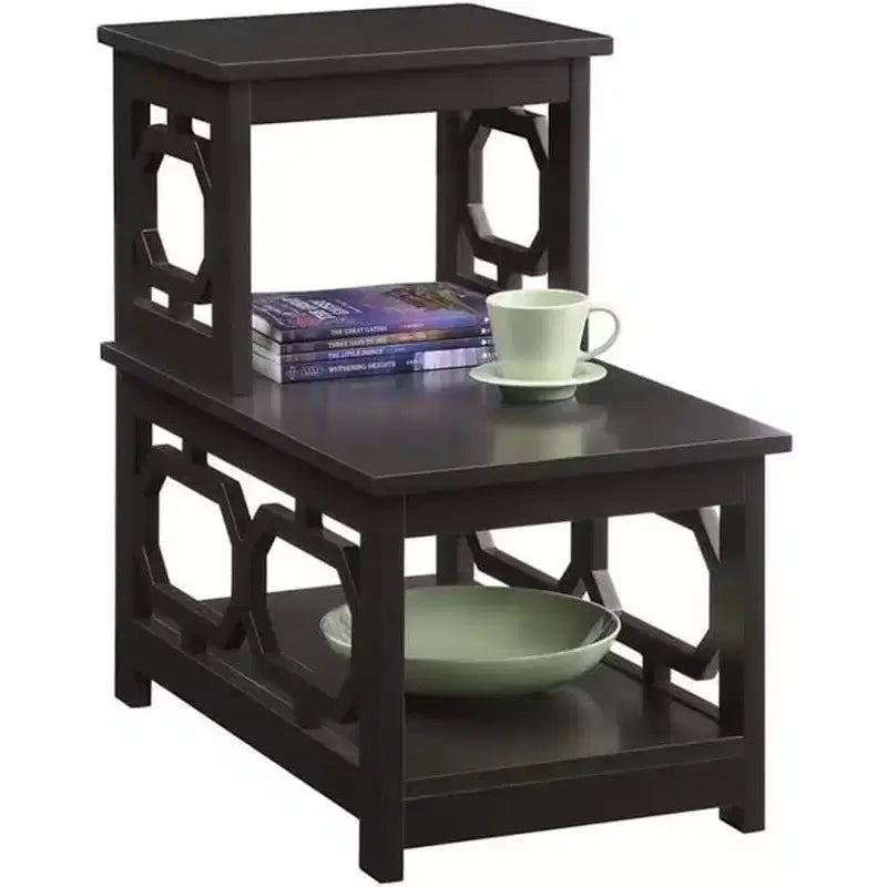 Mesa auxiliar de dos niveles HomeStock Belmont con estructura en forma de L y paneles laterales octagonales, mesa auxiliar decorativa de tres niveles para sala de estar