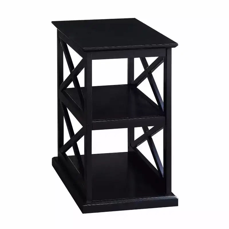 Mesa auxiliar HomeStock Belmont con estantes Elegante marco doble en X Mesa auxiliar de almacenamiento de tres niveles para decoración del hogar de estilo de transición