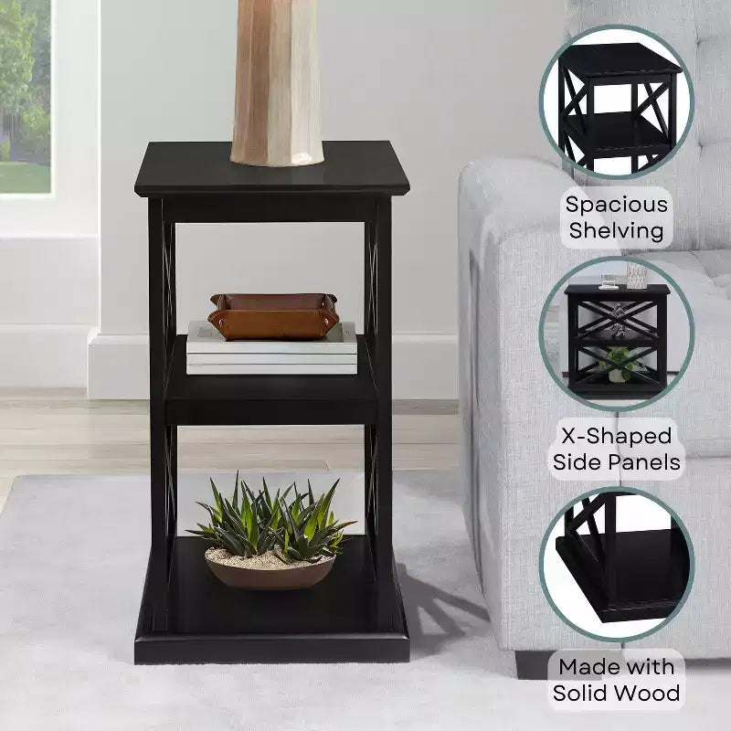 Mesa auxiliar HomeStock Belmont con estantes Elegante marco doble en X Mesa auxiliar de almacenamiento de tres niveles para decoración del hogar de estilo de transición