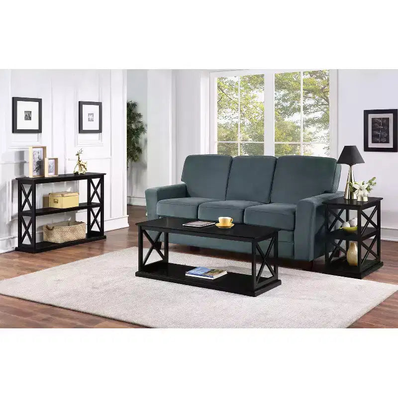 Mesa auxiliar HomeStock Belmont con estantes Elegante marco doble en X Mesa auxiliar de almacenamiento de tres niveles para decoración del hogar de estilo de transición
