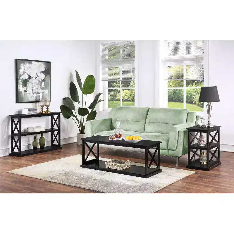Mesa auxiliar HomeStock Belmont con estantes Elegante marco doble en X Mesa auxiliar de almacenamiento de tres niveles para decoración del hogar de estilo de transición