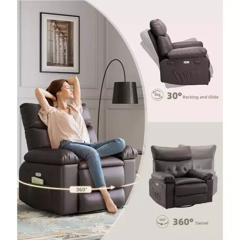 Sillón reclinable giratorio extra ancho GustoWave para adultos, sofá reclinable de masaje, mecedora tapizada para guardería
