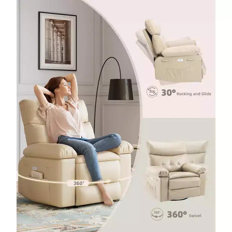 Sillón reclinable giratorio extra ancho GustoWave para adultos, sofá reclinable de masaje, mecedora tapizada para guardería