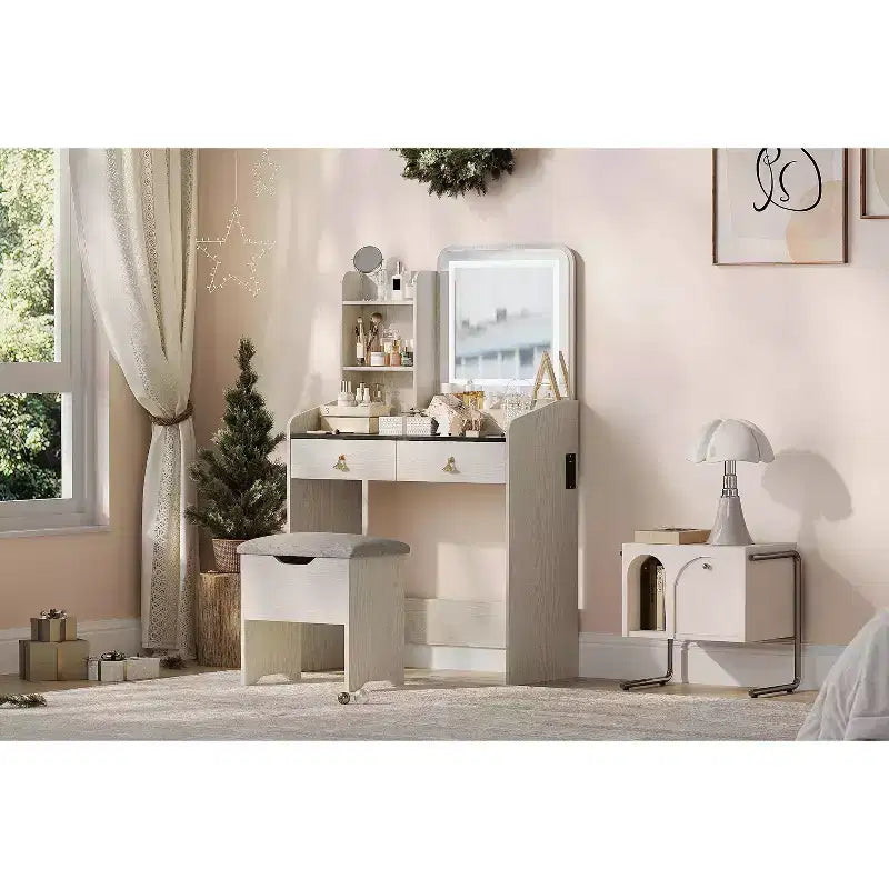 Tocador de maquillaje con espejo con luz LED, juego de tocador con 2 cajones y estación de carga, juego de tocador pequeño con taburete de almacenamiento, regalo femenino