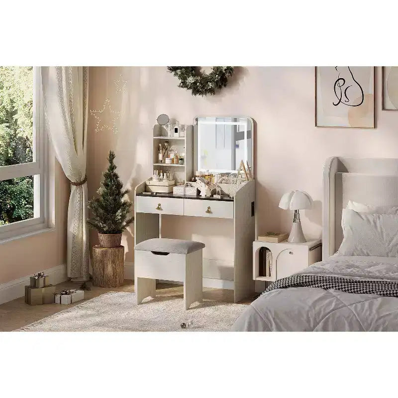 Tocador de maquillaje con espejo con luz LED, juego de tocador con 2 cajones y estación de carga, juego de tocador pequeño con taburete de almacenamiento, regalo femenino