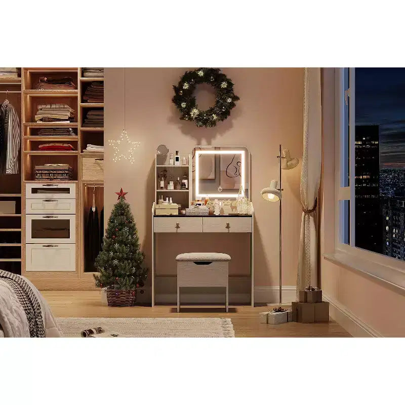 Tocador de maquillaje con espejo con luz LED, juego de tocador con 2 cajones y estación de carga, juego de tocador pequeño con taburete de almacenamiento, regalo femenino