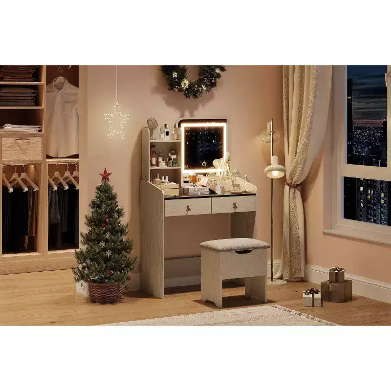 Tocador de maquillaje con espejo con luz LED, juego de tocador con 2 cajones y estación de carga, juego de tocador pequeño con taburete de almacenamiento, regalo femenino