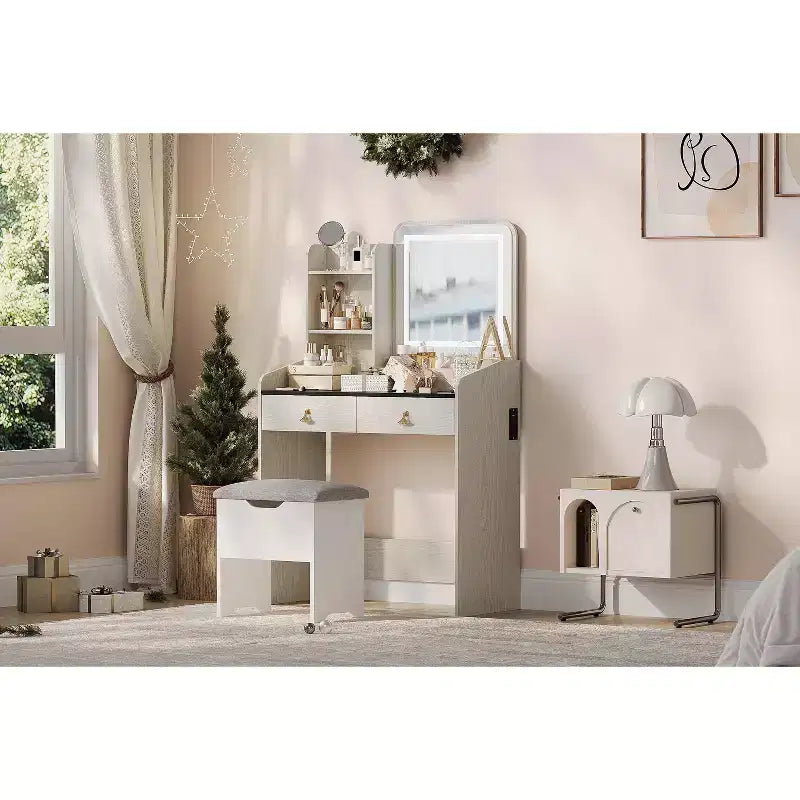 Tocador de maquillaje con espejo con luz LED, juego de tocador con 2 cajones y estación de carga, juego de tocador pequeño con taburete de almacenamiento, regalo femenino