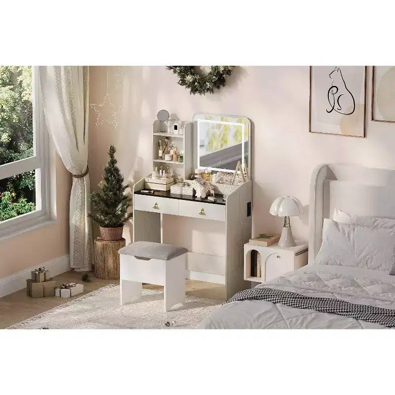 Tocador de maquillaje con espejo con luz LED, juego de tocador con 2 cajones y estación de carga, juego de tocador pequeño con taburete de almacenamiento, regalo femenino