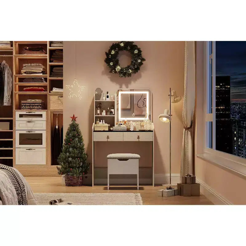 Tocador de maquillaje con espejo con luz LED, juego de tocador con 2 cajones y estación de carga, juego de tocador pequeño con taburete de almacenamiento, regalo femenino