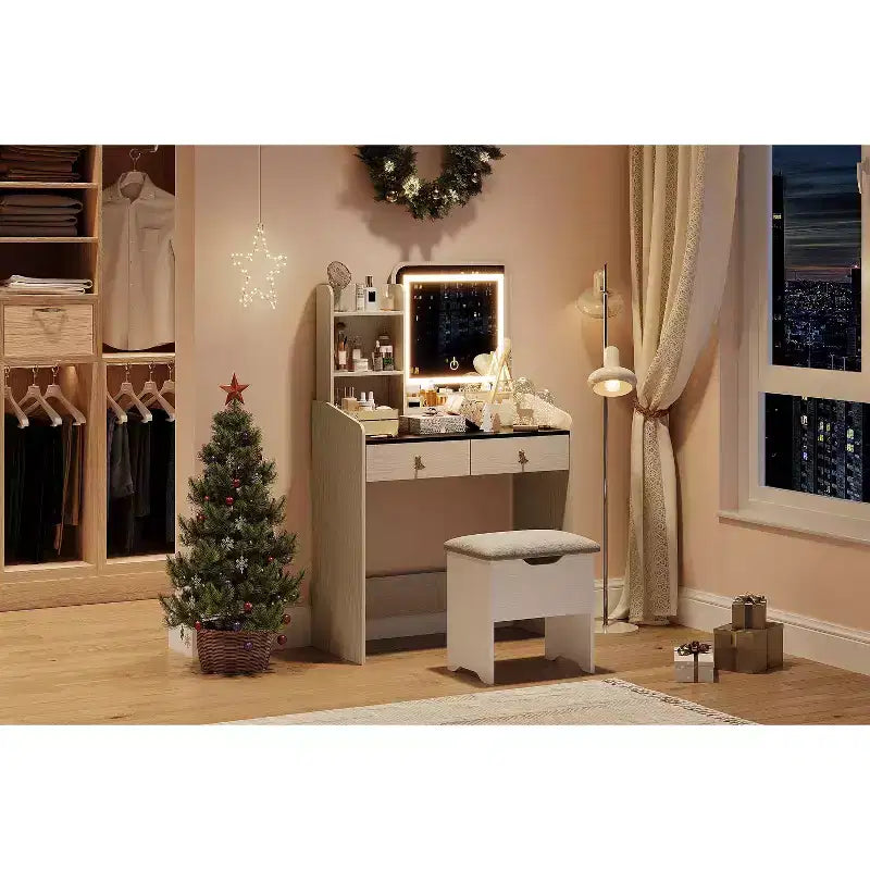 Tocador de maquillaje con espejo con luz LED, juego de tocador con 2 cajones y estación de carga, juego de tocador pequeño con taburete de almacenamiento, regalo femenino