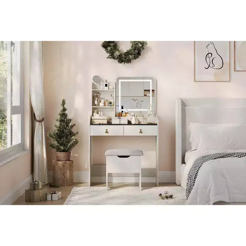 Tocador de maquillaje con espejo con luz LED, juego de tocador con 2 cajones y estación de carga, juego de tocador pequeño con taburete de almacenamiento, regalo femenino
