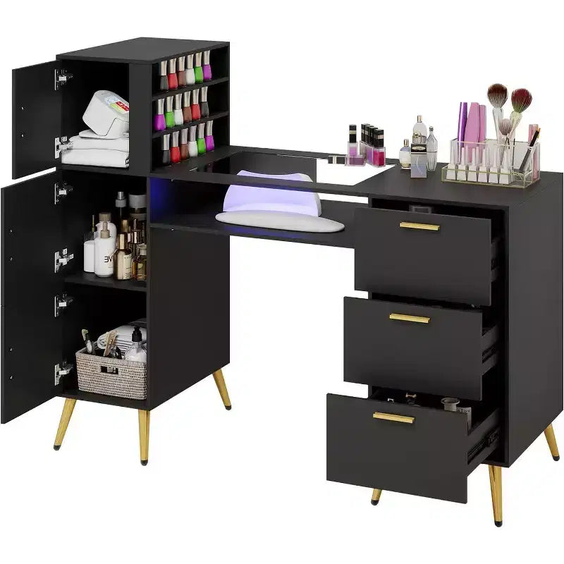 ELECWISH Portable Nail Desk with Drawers, Manicure Table Nail Desk for Nail Teck w/Glass Top and Wrist Rest, Nail Station Desk Metal Handles & Legs