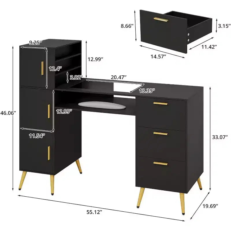 ELECWISH Escritorio Portátil para Uñas con Cajones, Mesa de Manicura para Técnica de Uñas con Tapa de Cristal y Apoyamuñecas, Estación de Uñas con Asas y Patas de Metal
