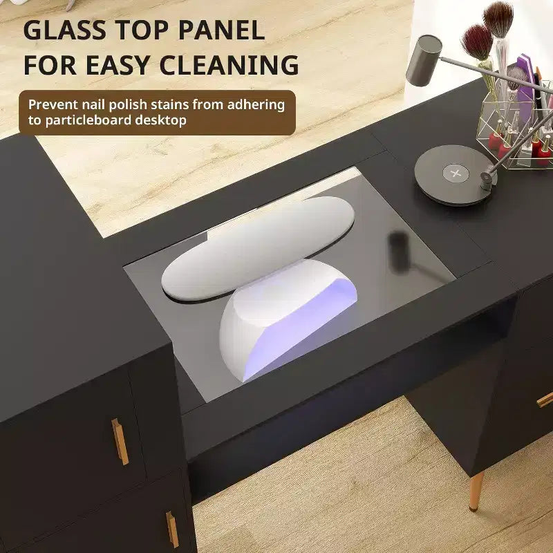 ELECWISH Escritorio Portátil para Uñas con Cajones, Mesa de Manicura para Técnica de Uñas con Tapa de Cristal y Apoyamuñecas, Estación de Uñas con Asas y Patas de Metal