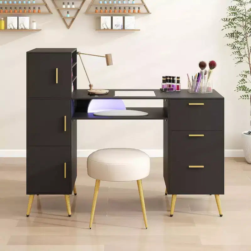ELECWISH Escritorio Portátil para Uñas con Cajones, Mesa de Manicura para Técnica de Uñas con Tapa de Cristal y Apoyamuñecas, Estación de Uñas con Asas y Patas de Metal
