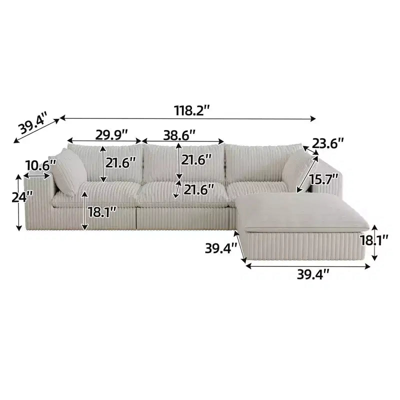 MAYEERTY 118.2 Sofá nube de pana blanca con asiento profundo, cojín extraíble de doble capa, no requiere montaje, para múltiples habitaciones