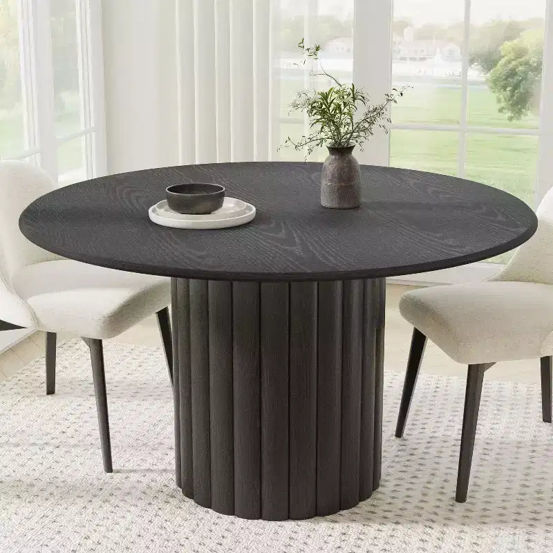 PexFix 52 Mesa de comedor redonda de madera, mesa de cocina para 4-6 personas con tablero de borde arqueado y pedestal estriado para sala de estar/comedor, café, oficina, negra