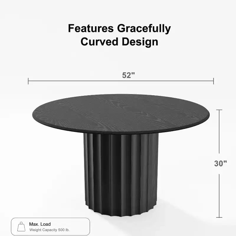 PexFix 52 Mesa de comedor redonda de madera, mesa de cocina para 4-6 personas con tablero de borde arqueado y pedestal estriado para sala de estar/comedor, café, oficina, negra