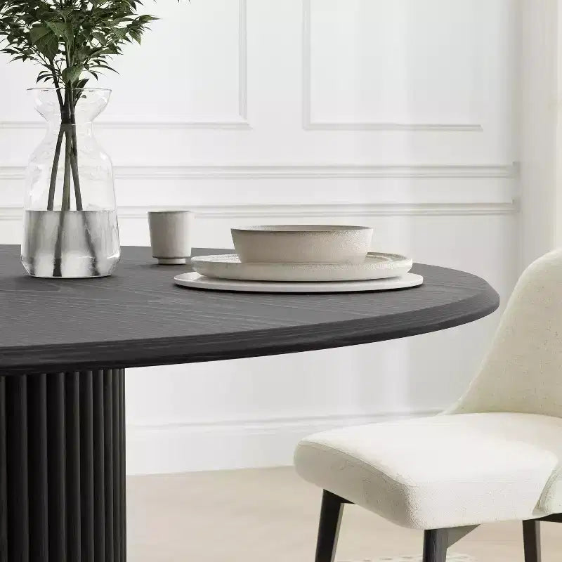 PexFix 52 Mesa de comedor redonda de madera, mesa de cocina para 4-6 personas con tablero de borde arqueado y pedestal estriado para sala de estar/comedor, café, oficina, negra