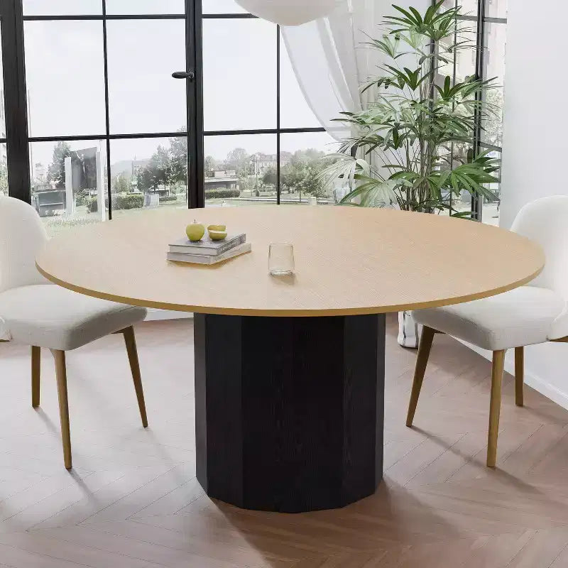 PexFix Mesa de comedor redonda de madera maciza de 152 cm de alto, mesa de cocina para 6-8 personas con tablero y base cilíndrica para sala de estar/comedor, café, oficina en color natural