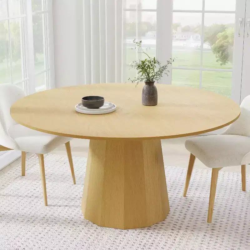 PexFix Mesa de Comedor Redonda de Madera Maciza de 60 pulgadas de Alto, Mesa de Cocina para 6-8 Personas con Tablero y Base Cónica para Sala de Estar/Comedor, Oficina, en Color Natural