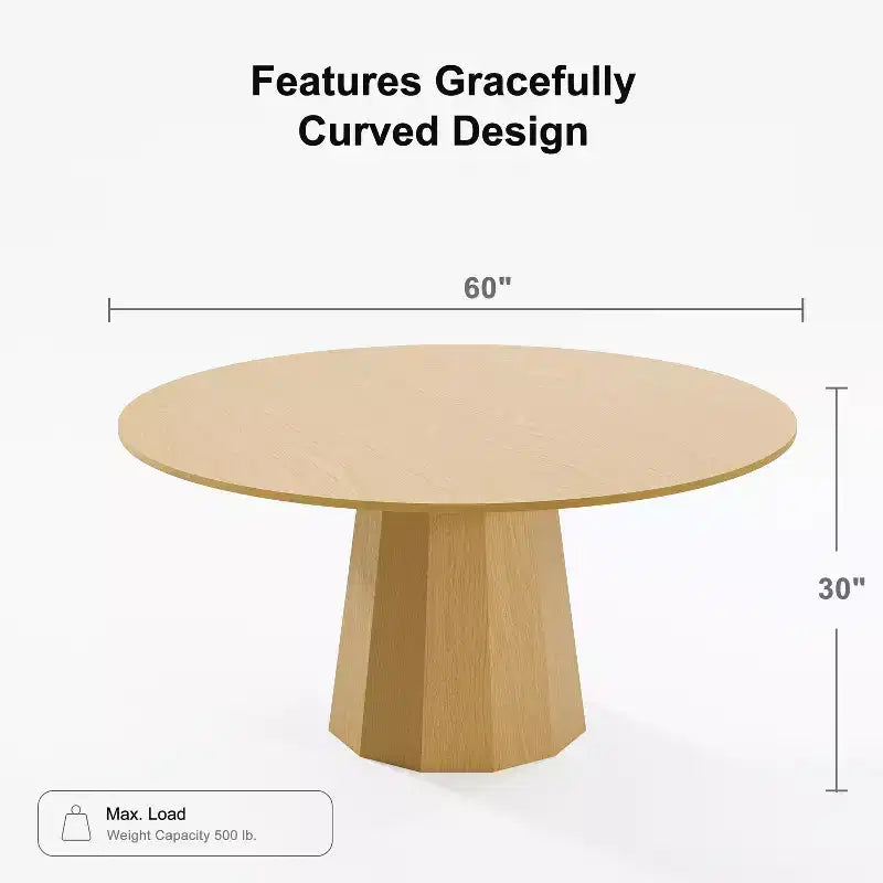 PexFix Mesa de Comedor Redonda de Madera Maciza de 60 pulgadas de Alto, Mesa de Cocina para 6-8 Personas con Tablero y Base Cónica para Sala de Estar/Comedor, Oficina, en Color Natural