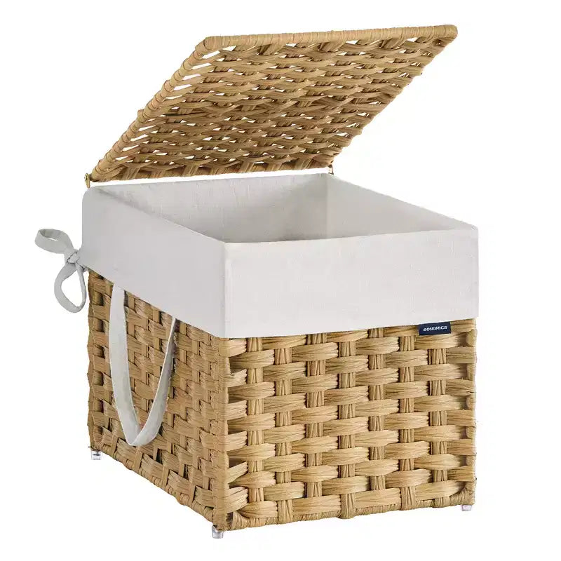 Cesto de Ropa Plegable con Tapa y Forro Removible, Cesto de Ratán Sintético de 36 Litros para Espacios Pequeños, Amarillo Oca