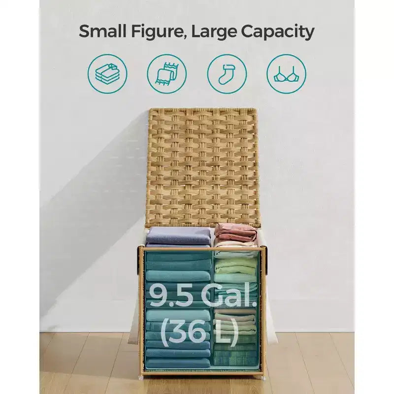 Cesto de Ropa Plegable con Tapa y Forro Removible, Cesto de Ratán Sintético de 36 Litros para Espacios Pequeños, Amarillo Oca