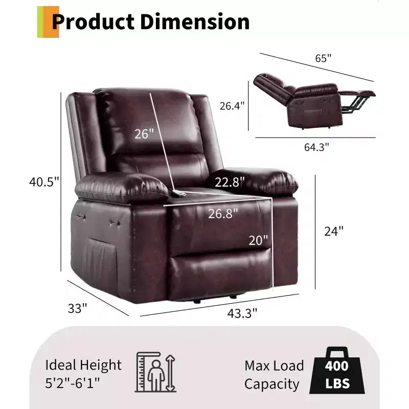 Sillón reclinable eléctrico grande con función de levantamiento - Calor y masaje, sillón reclinable eléctrico de cuero PU para personas mayores y con movilidad reducida, sillón elevador de alta resistencia