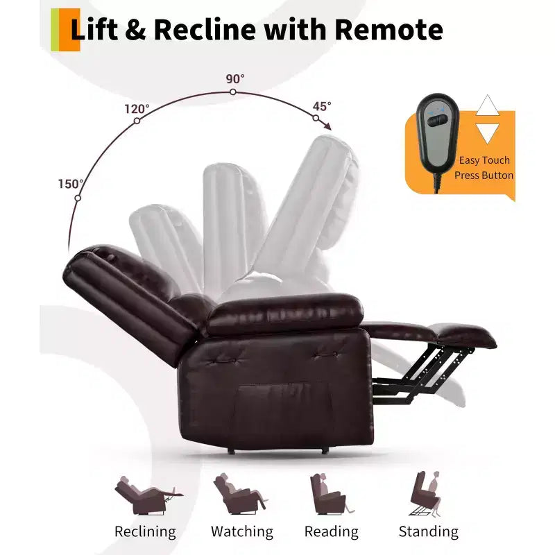Sillón reclinable eléctrico grande con función de levantamiento - Calor y masaje, sillón reclinable eléctrico de cuero PU para personas mayores y con movilidad reducida, sillón elevador de alta resistencia