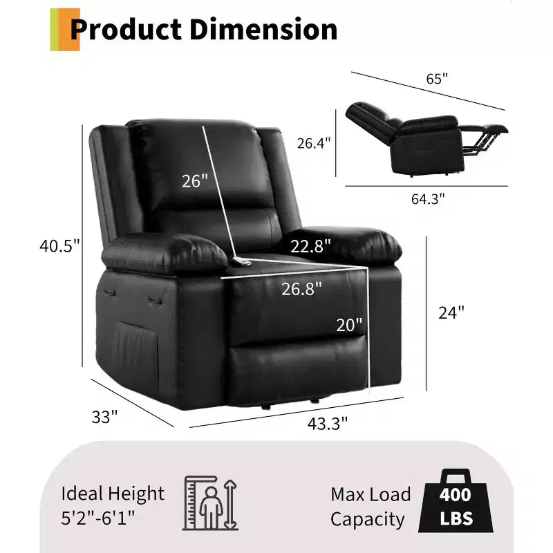 Sillón reclinable eléctrico grande con función de levantamiento - Calor y masaje, sillón reclinable eléctrico de cuero PU para personas mayores y con movilidad reducida, sillón elevador de alta resistencia