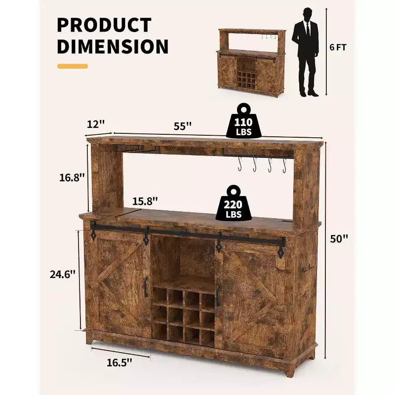 Armario de cafetería rústico de 55 pulgadas con toma de corriente y luces LED - Puerta corredera tipo granero, botellero, estación de carga USB | Negro/Marrón/Blanco