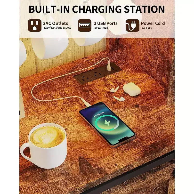 Armario de cafetería rústico de 55 pulgadas con toma de corriente y luces LED - Puerta corredera tipo granero, botellero, estación de carga USB | Negro/Marrón/Blanco