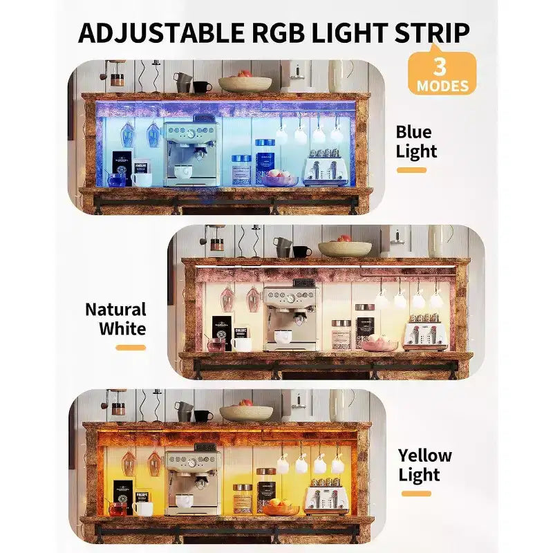 Armario de cafetería rústico de 55 pulgadas con toma de corriente y luces LED - Puerta corredera tipo granero, botellero, estación de carga USB | Negro/Marrón/Blanco