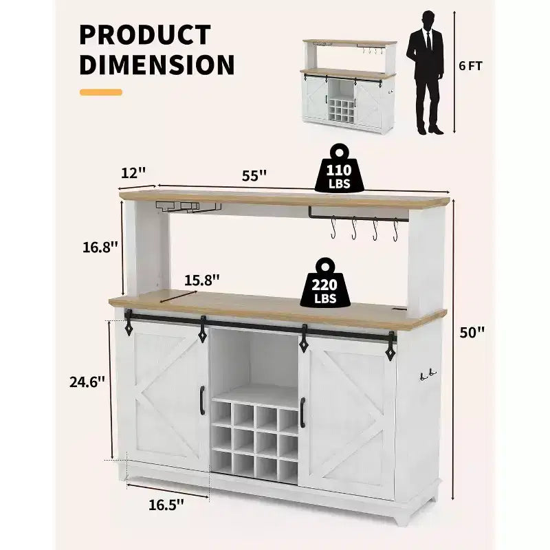 Armario de cafetería rústico de 55 pulgadas con toma de corriente y luces LED - Puerta corredera tipo granero, botellero, estación de carga USB | Negro/Marrón/Blanco