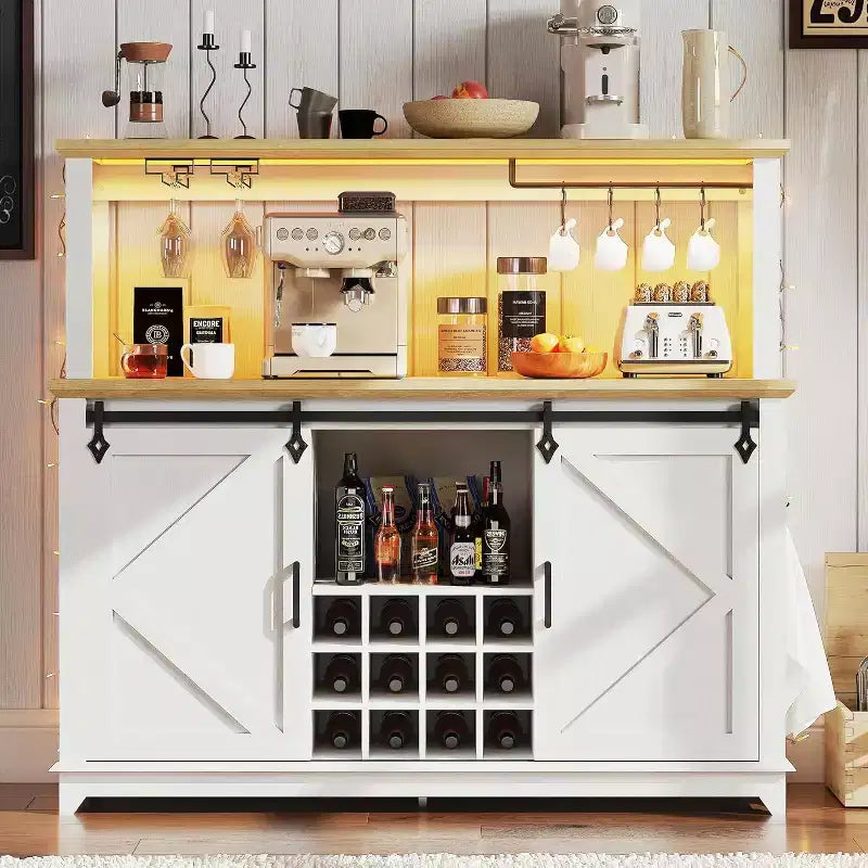 Armario de cafetería rústico de 55 pulgadas con toma de corriente y luces LED - Puerta corredera tipo granero, botellero, estación de carga USB | Negro/Marrón/Blanco