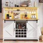 Armario de cafetería rústico de 55 pulgadas con toma de corriente y luces LED - Puerta corredera tipo granero, botellero, estación de carga USB | Negro/Marrón/Blanco