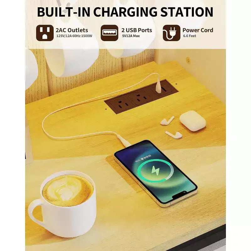 Armario de cafetería rústico de 55 pulgadas con toma de corriente y luces LED - Puerta corredera tipo granero, botellero, estación de carga USB | Negro/Marrón/Blanco