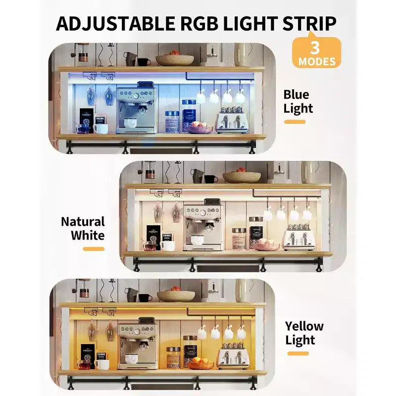 Armario de cafetería rústico de 55 pulgadas con toma de corriente y luces LED - Puerta corredera tipo granero, botellero, estación de carga USB | Negro/Marrón/Blanco