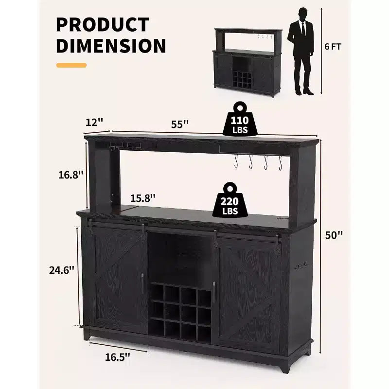 Armario de cafetería rústico de 55 pulgadas con toma de corriente y luces LED - Puerta corredera tipo granero, botellero, estación de carga USB | Negro/Marrón/Blanco