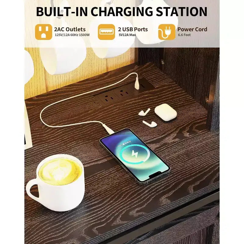 Armario de cafetería rústico de 55 pulgadas con toma de corriente y luces LED - Puerta corredera tipo granero, botellero, estación de carga USB | Negro/Marrón/Blanco