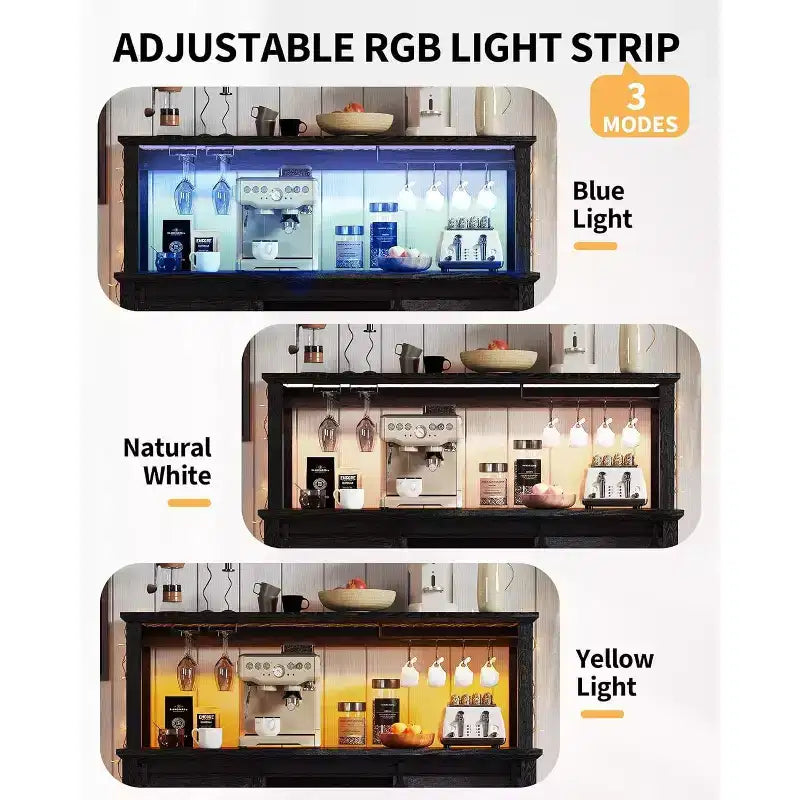 Armario de cafetería rústico de 55 pulgadas con toma de corriente y luces LED - Puerta corredera tipo granero, botellero, estación de carga USB | Negro/Marrón/Blanco