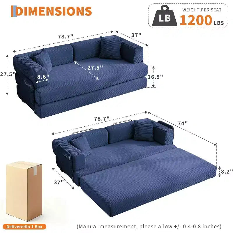 Sofá cama convertible de 78.8'' con almohadas, sofá de pana 5 en 1, sofá plegable con estructura de forma fija, no requiere montaje