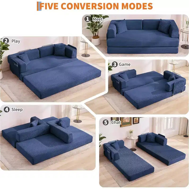 Sofá cama convertible de 78.8'' con almohadas, sofá de pana 5 en 1, sofá plegable con estructura de forma fija, no requiere montaje