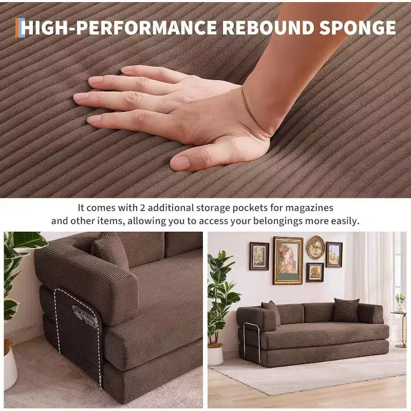 Sofá cama convertible de 78.8'' con almohadas, sofá de pana 5 en 1, sofá plegable con estructura de forma fija, no requiere montaje