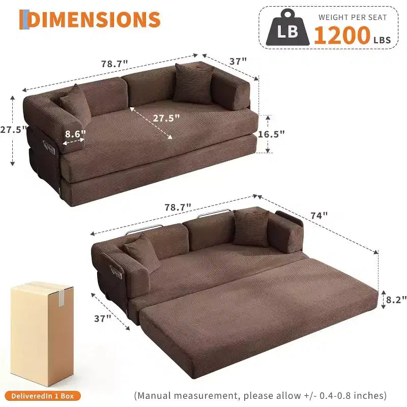 Sofá cama convertible de 78.8'' con almohadas, sofá de pana 5 en 1, sofá plegable con estructura de forma fija, no requiere montaje