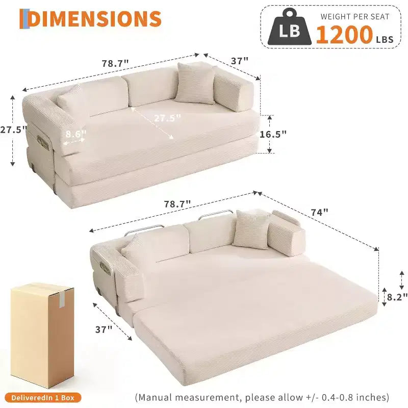Sofá cama convertible de 78.8'' con almohadas, sofá de pana 5 en 1, sofá plegable con estructura de forma fija, no requiere montaje