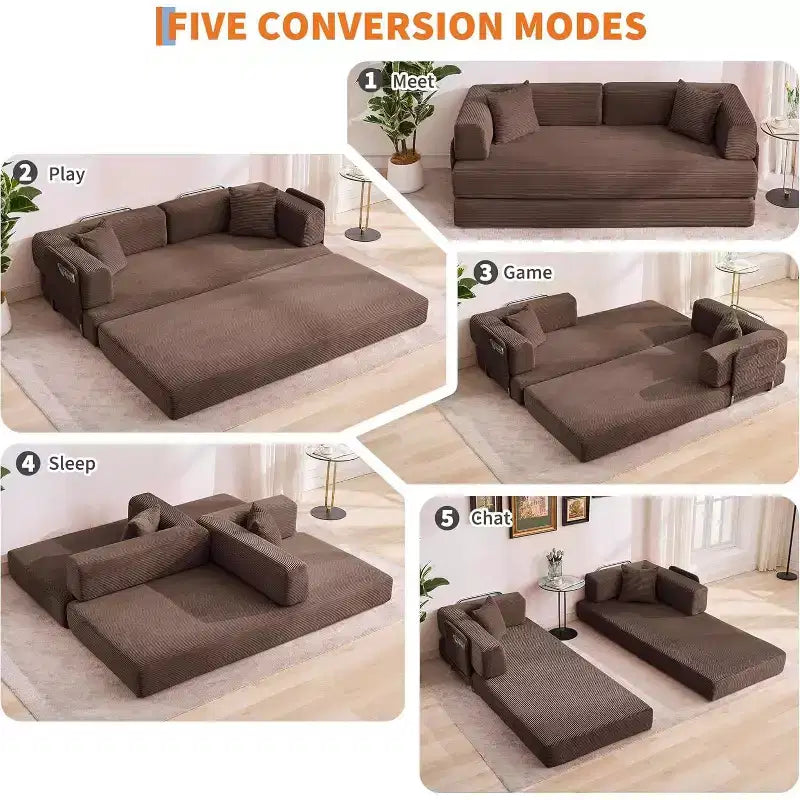 Sofá cama convertible de 78.8'' con almohadas, sofá de pana 5 en 1, sofá plegable con estructura de forma fija, no requiere montaje